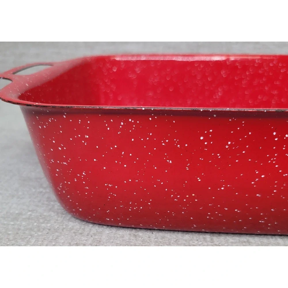 Crate and Barrel Tinware Red White Spatter Enamelware 12 1/2